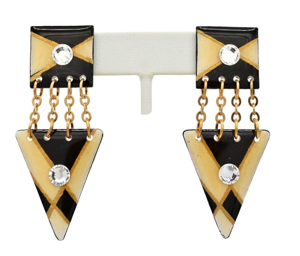 MAM Vintage Earrings Black White Geometric Crystal Gold Dangle 80s UNSIGNED BinZ